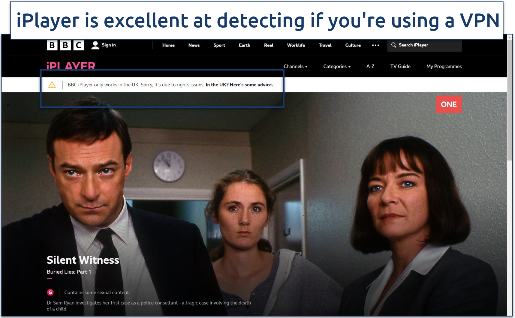 A screenshot of Silent Witness on BBC iPlayer with the error message 