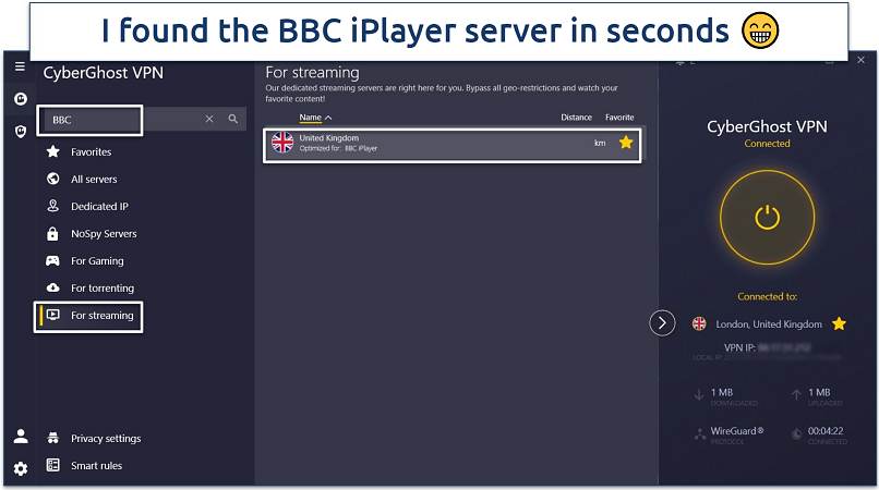 A screenshot of CyberGhost’s Windows app while connected to its UK BBC iPlayer server.