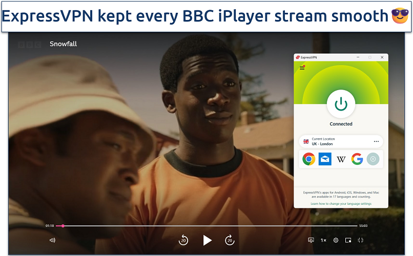 A screenshot of streaming Snowfall on BBC iPlayer in high quality while connected to ExpressVPN's London server.