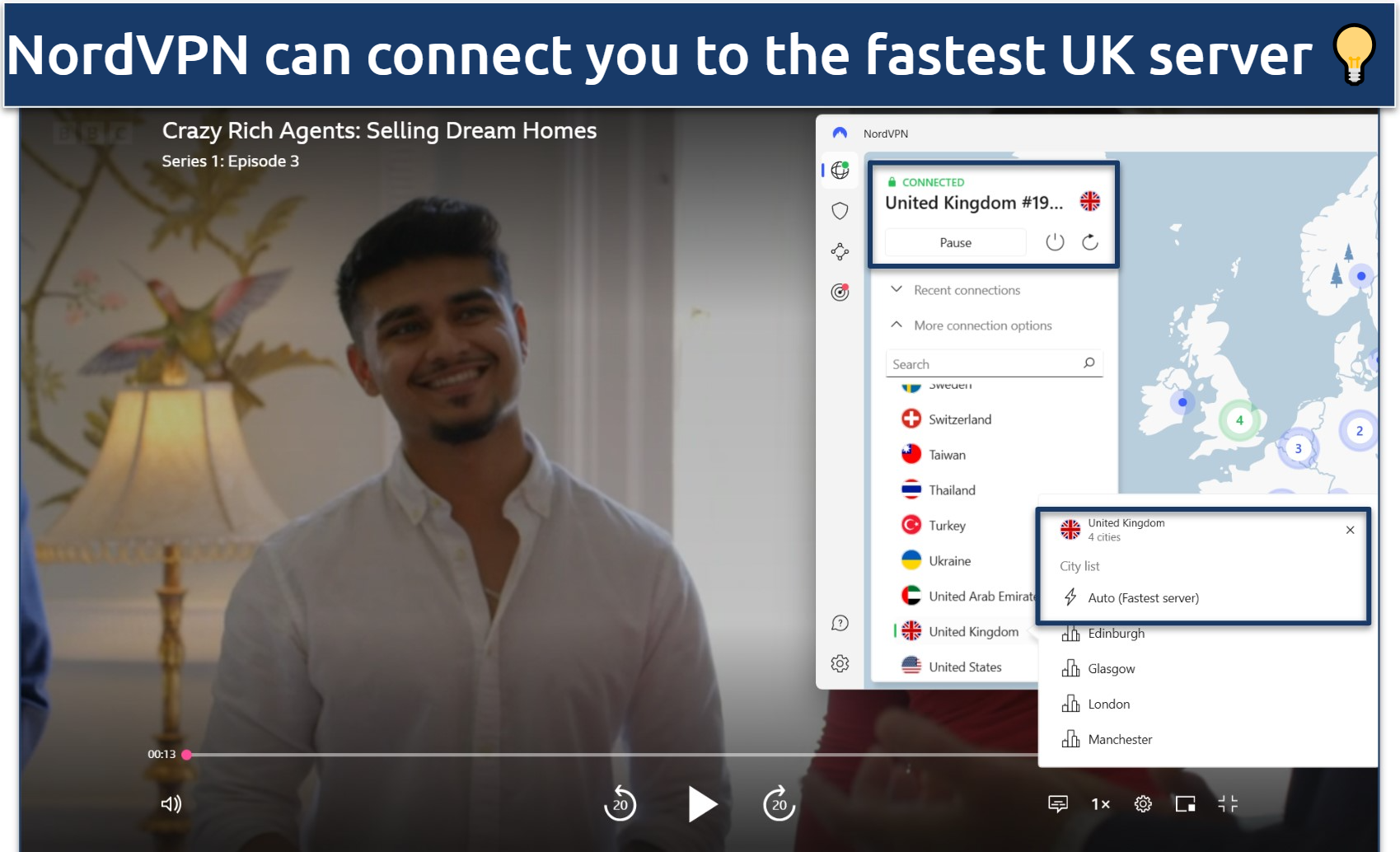 A screenshot of streaming Crazy Rich Agents on BBC iPlayer while connected to NordVPN's Auto (Fastest Server) in the UK.