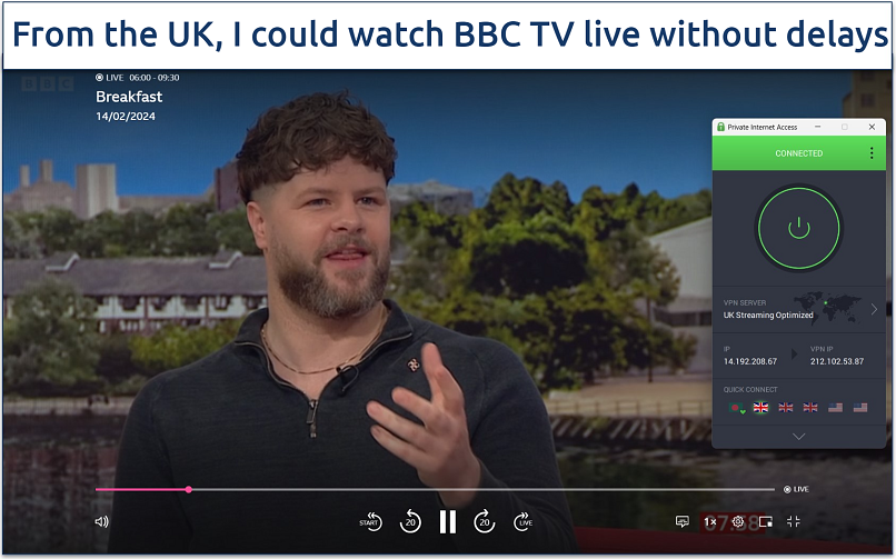 A screenshot of streaming the Breakfast show live on BBC iPlayer while connected to PIA’s UK-optimized server.