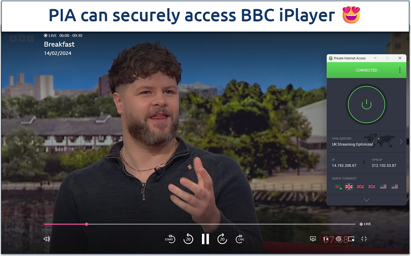 A screenshot of streaming the Breakfast show live on BBC iPlayer while connected to PIA's UK-optimized server.