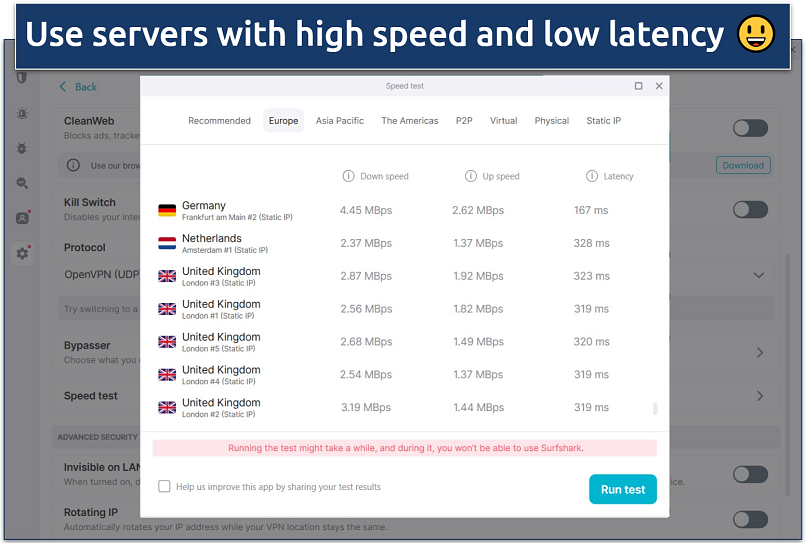 A screenshot of the speed test results for Surfshark’s UK server locations.