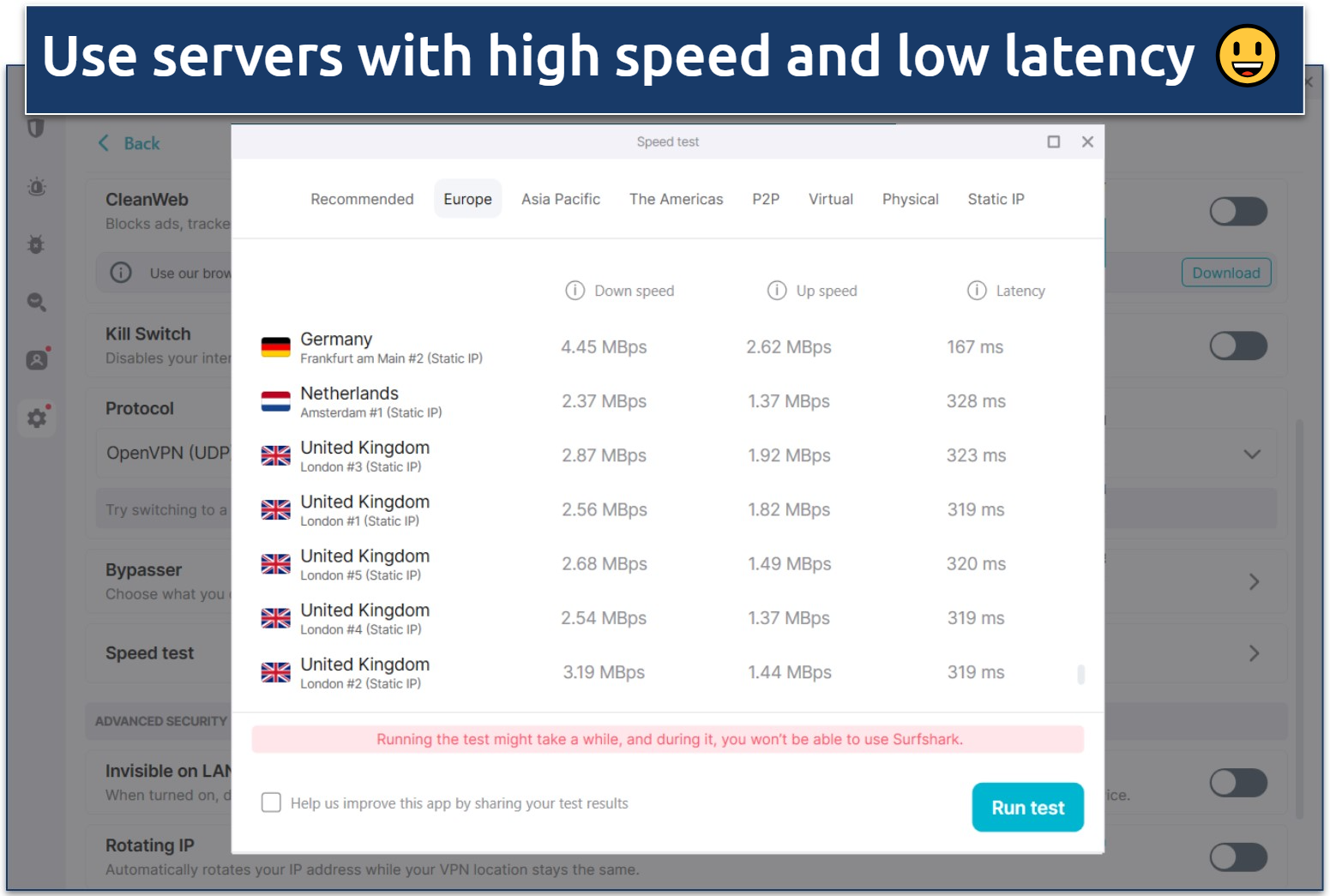 A screenshot of the speed test results for Surfshark's UK server locations.