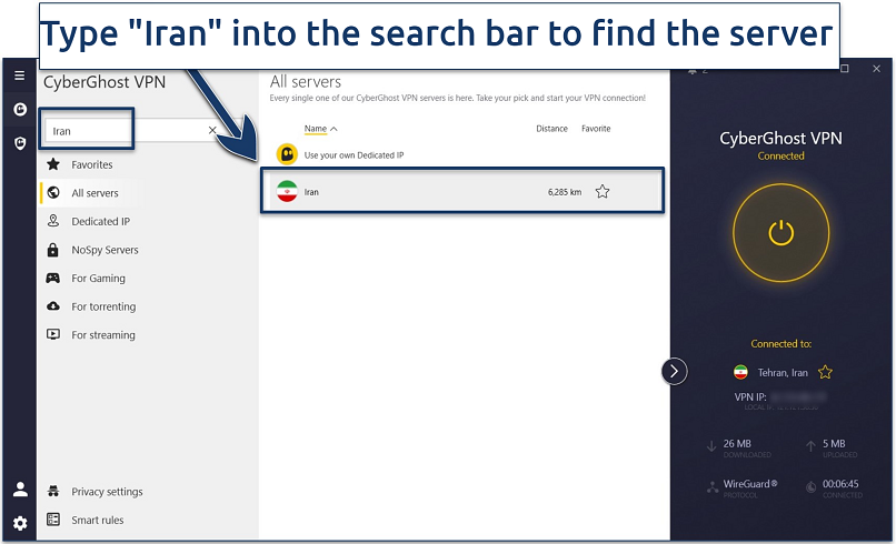 Screenshot of the CyberGhost Windows app with an active connection to its Tehran, Iran server