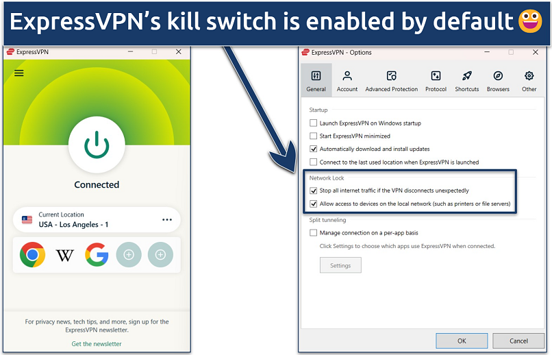 Screenshot of the ExpressVPN Windows app with the connection to a US server and its General settings page