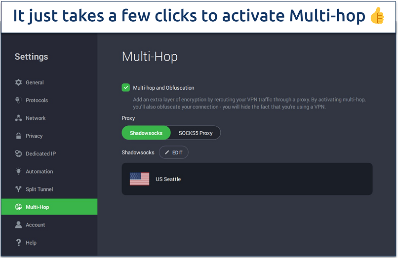 Screenshot of the PIA Windows app with its Multi-hop and obfuscation settings enabled