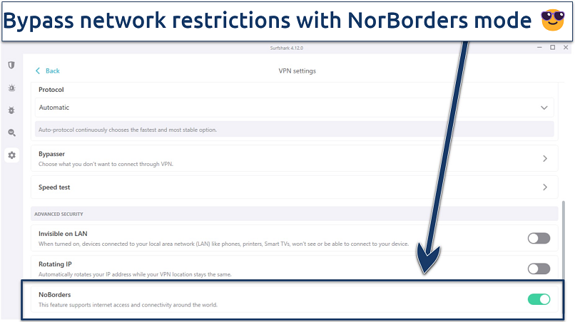 Screenshot of Surfshark settings, with NoBorders feature shown