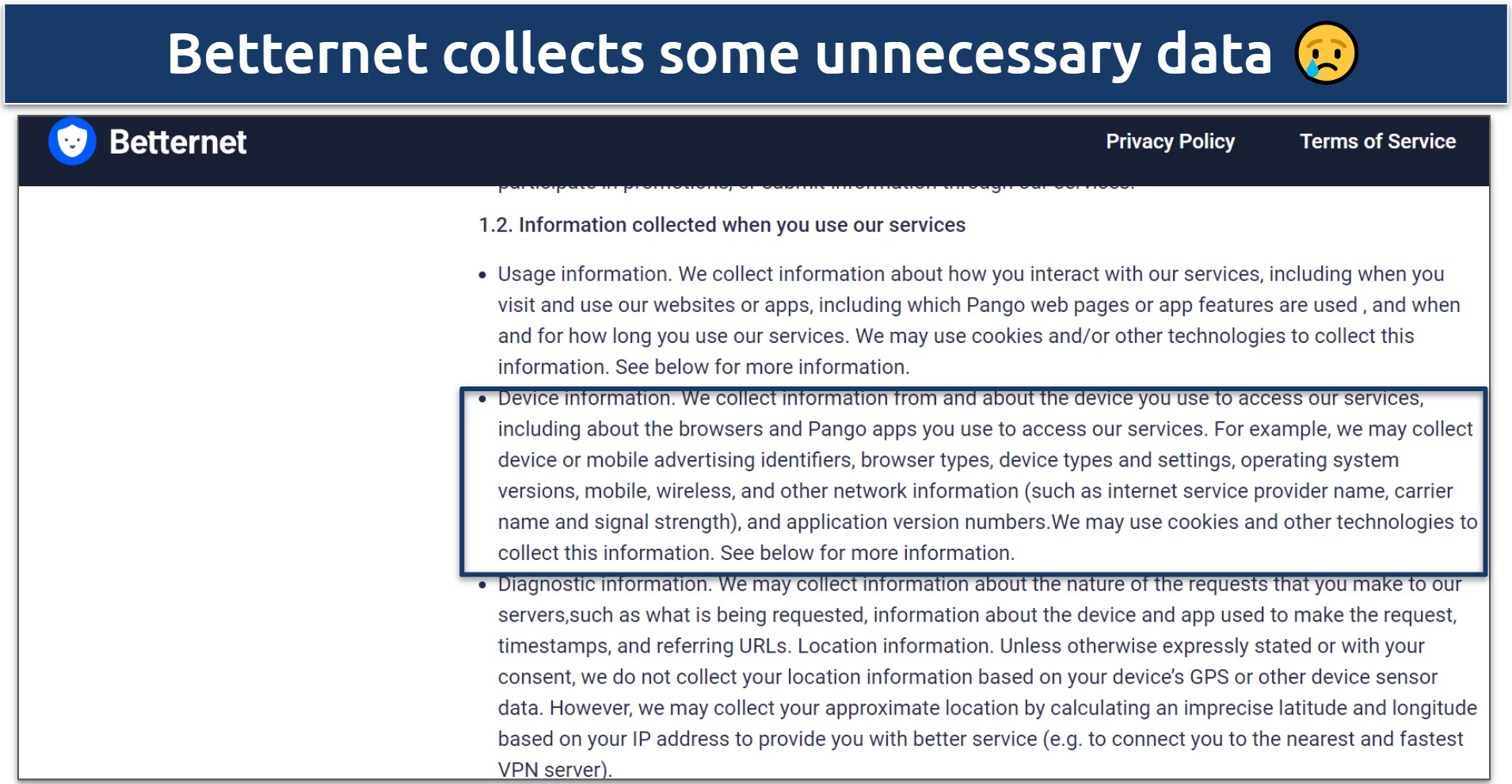 Screenshot of Betternet's privacy policy showing the data it collects