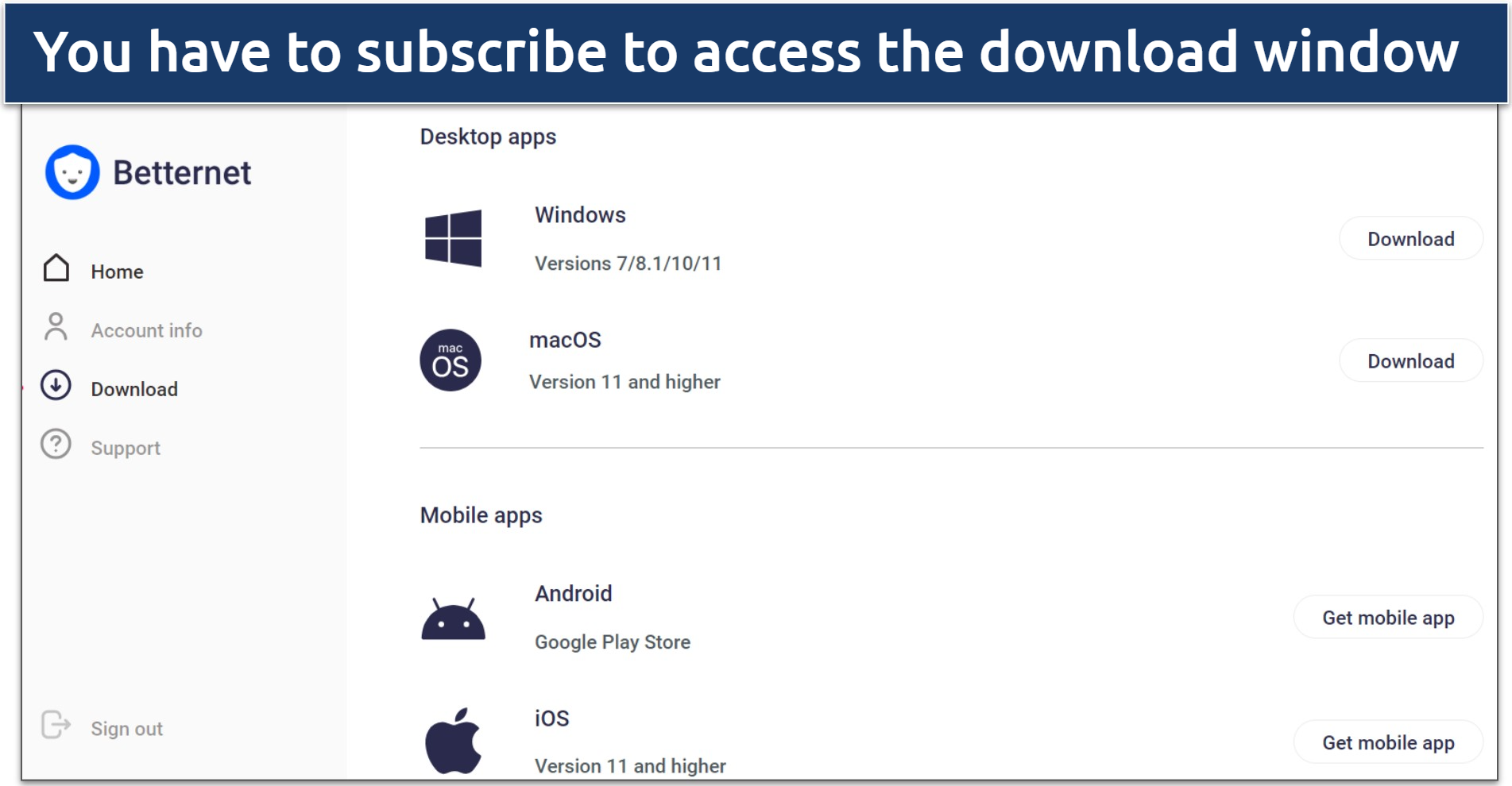 Screenshot of the Betternet's download page