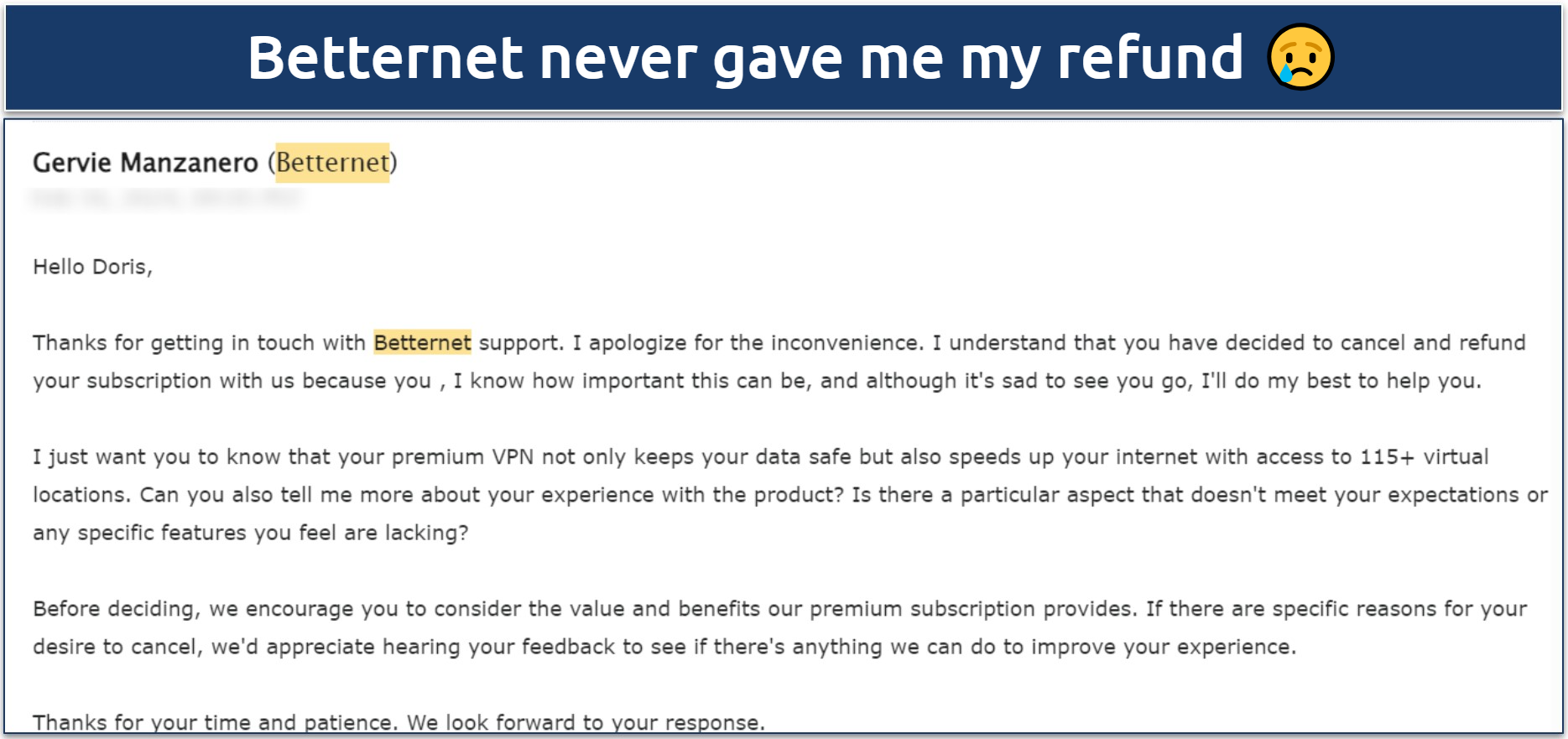 Screenshot of Betternet email response after requesting a refund