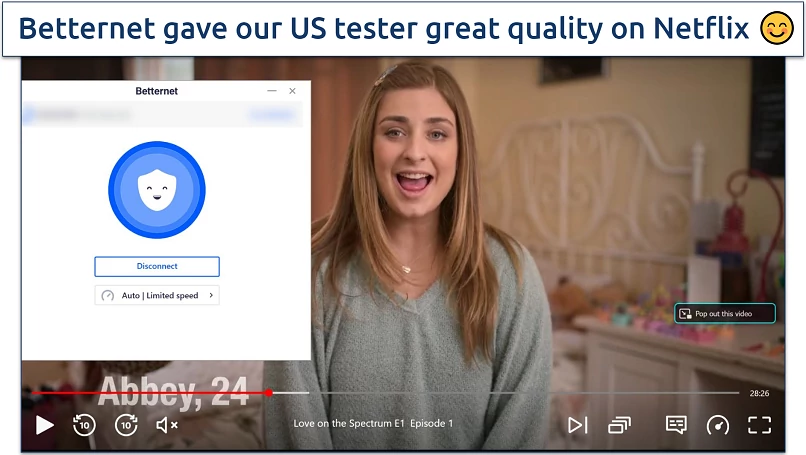 Screenshot of Netflix player streaming Love on the Spectrum while connected to a US Betternet server 