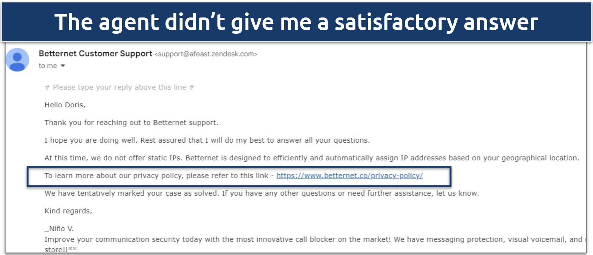 Screenshot of an email response from Bettenet customer support with vague answer