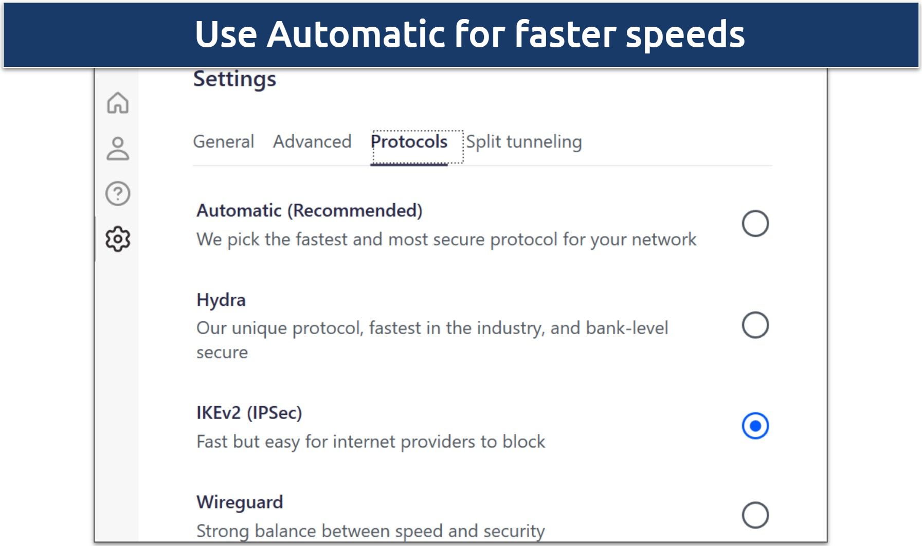 Screenshot of Betternet's Windows app highlighting the security protocols