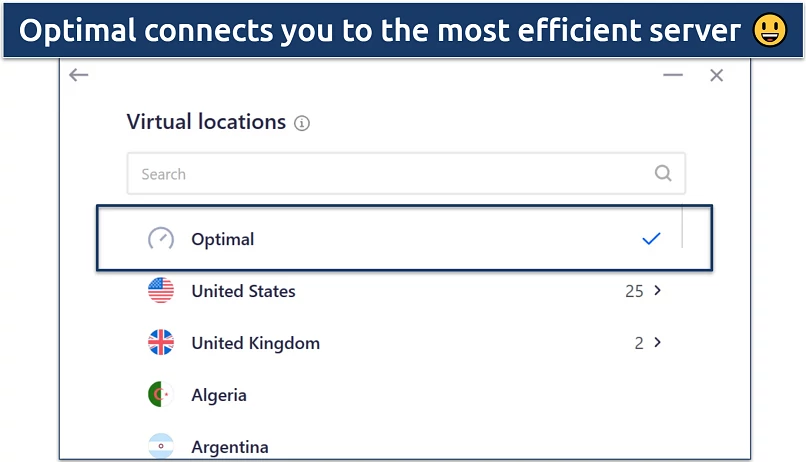 Screenshot of Betternet's Windows app highlighting the optimal server