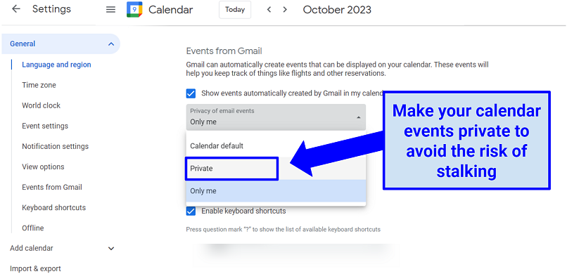 Screenshot of Google Calendar privacy settings