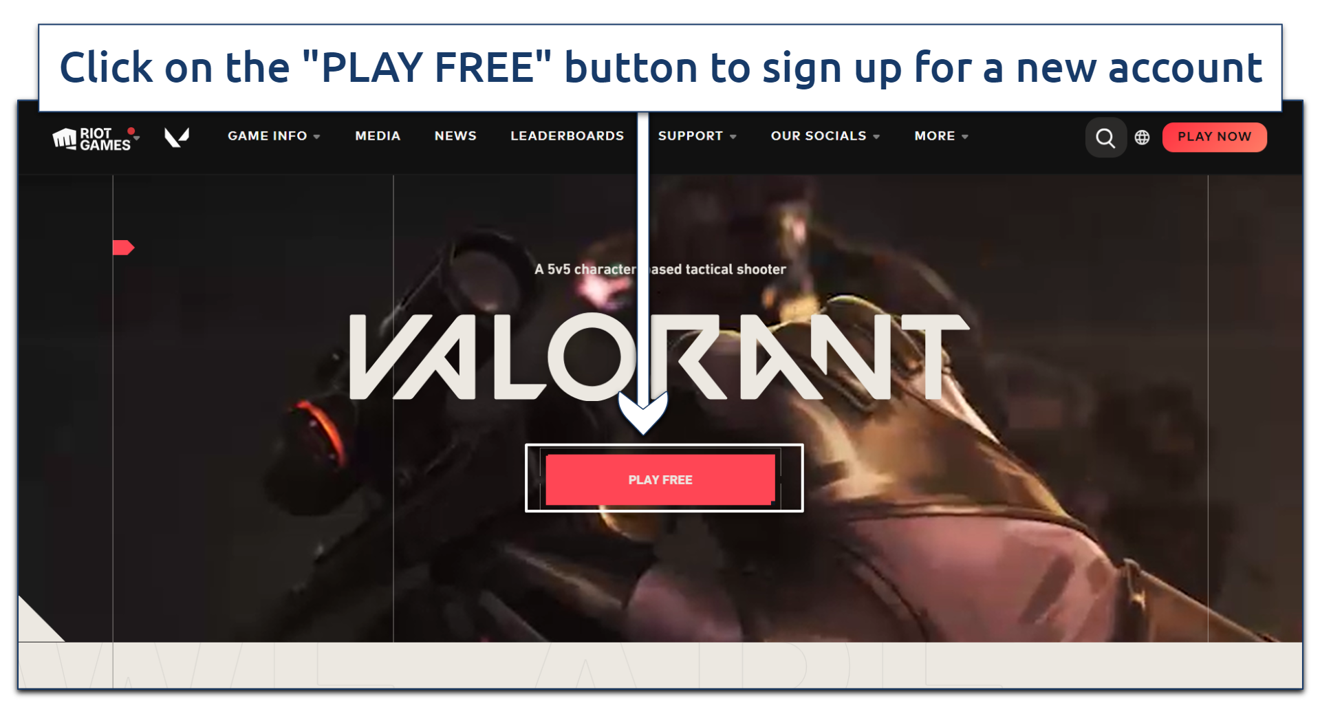 A screenshot showing the PLAY FREE button on Valorant's website