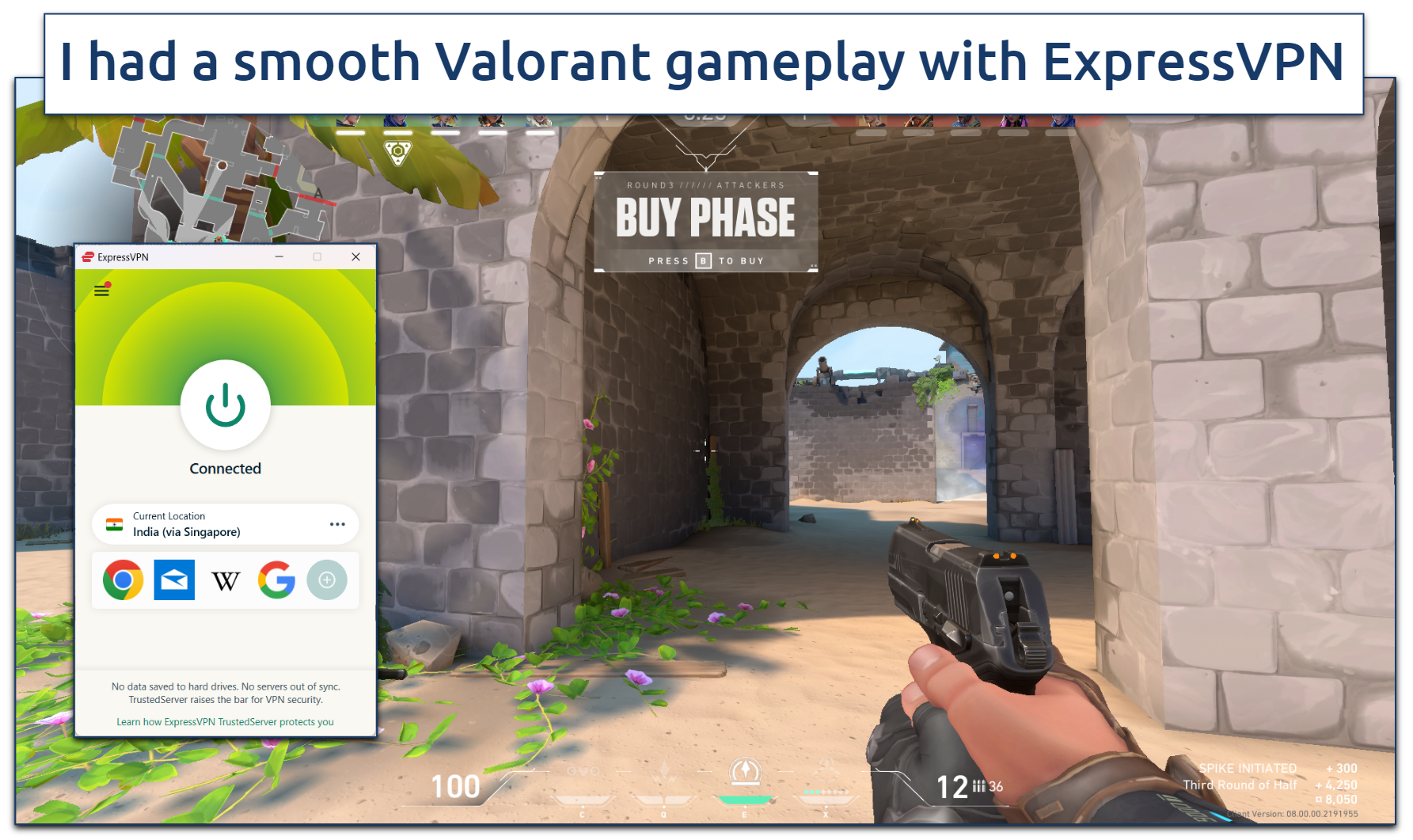 Screenshot of a Valorant gameplay with ExpressVPN connected