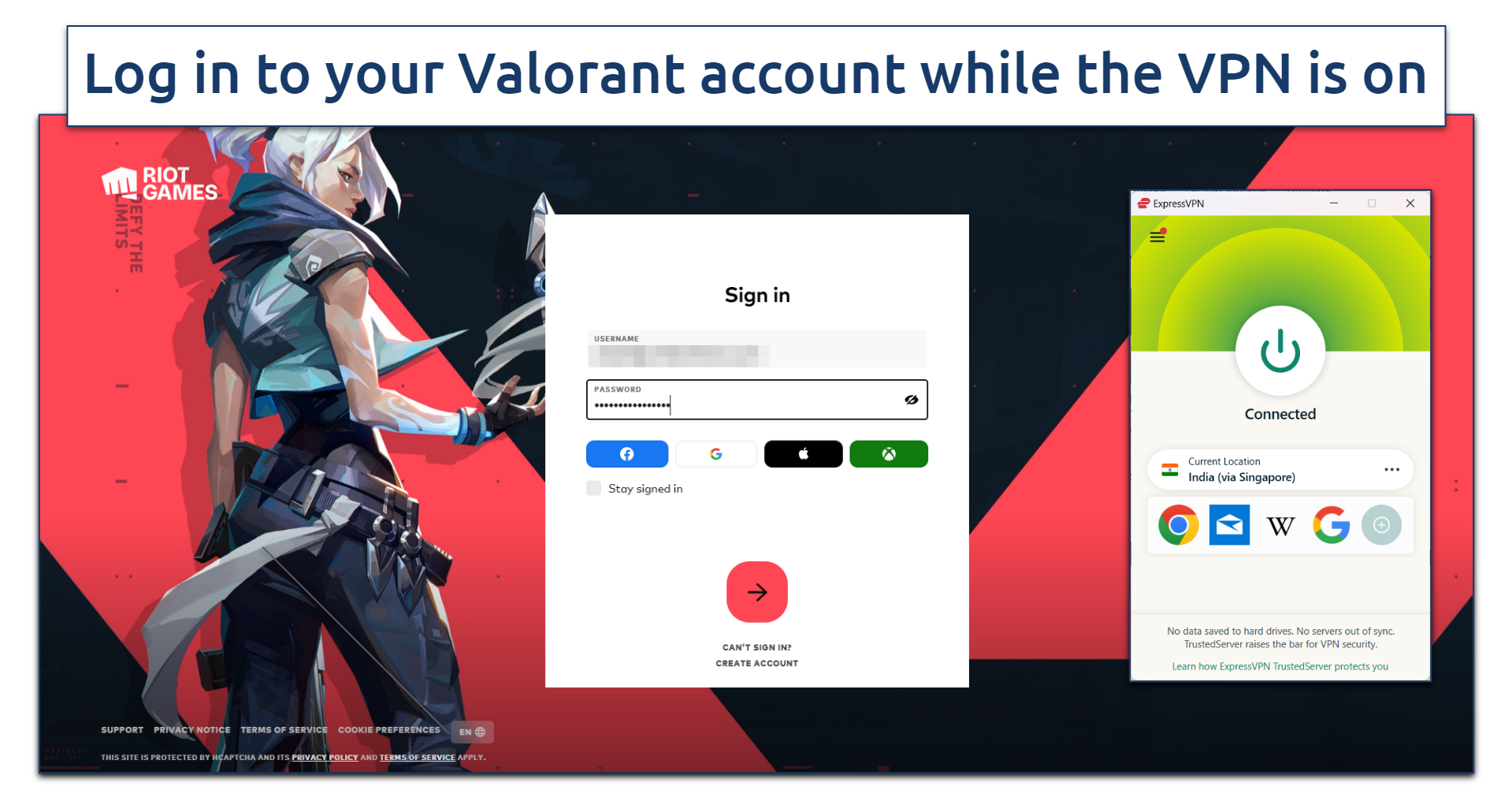 Screenshot showing the login page on the Valorant website while connected to ExpressVPN