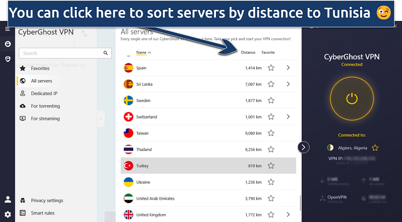 CyberGhost connected to Algeria with its interface showing the list of servers