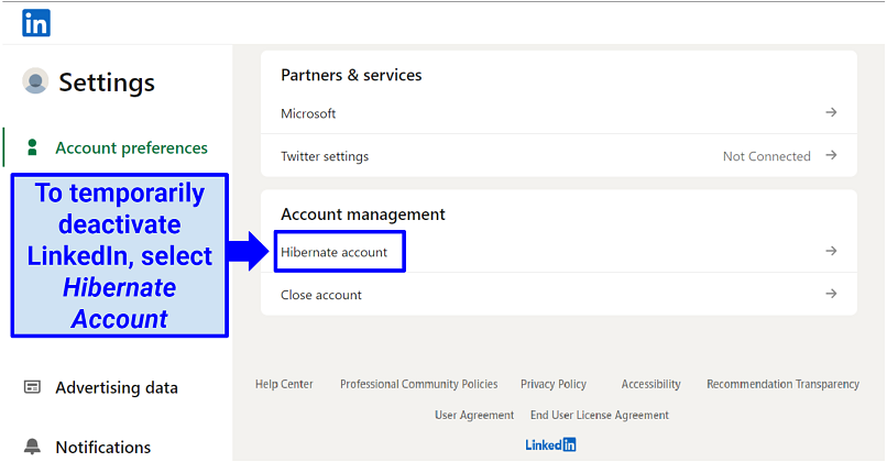 Screenshot of LinkedIn settings with hibernation highlighted