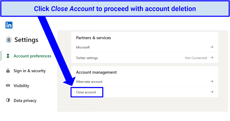 Screenshot of LinkedIn Settings with Close account option