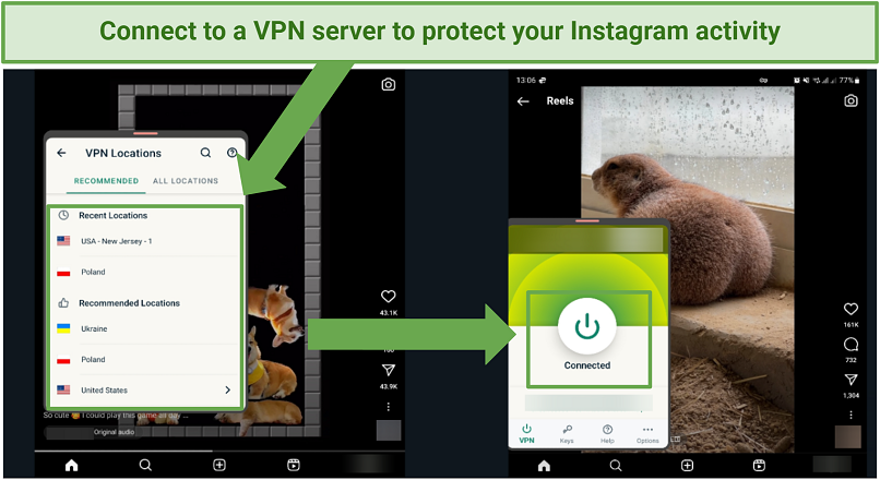 Screenshots of ExpressVPN protecting Instagram activities