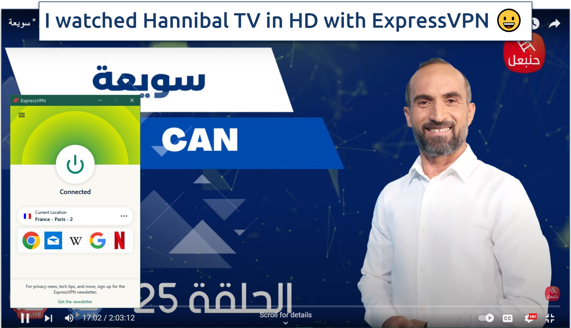 Watching Hannibal TV on YouTube with ExpressVPN connected to Paris, France