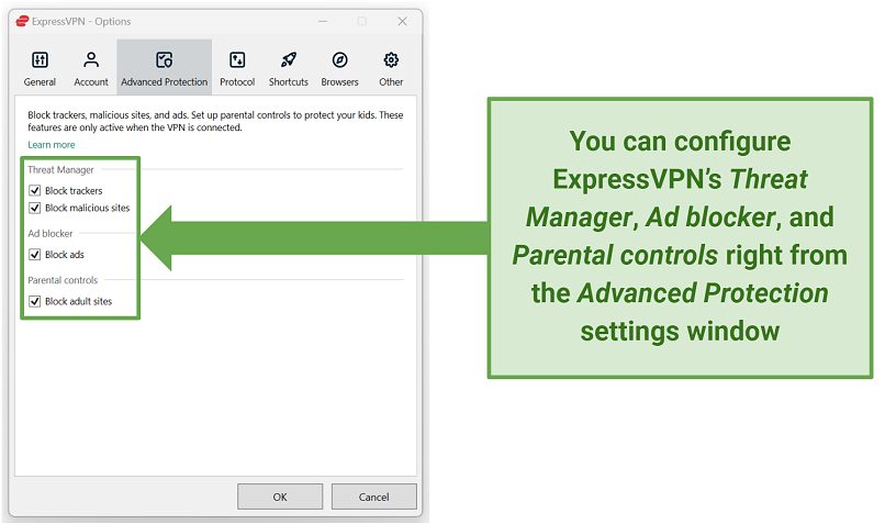 Screenshot of ExpressVPN's advanced protection settings