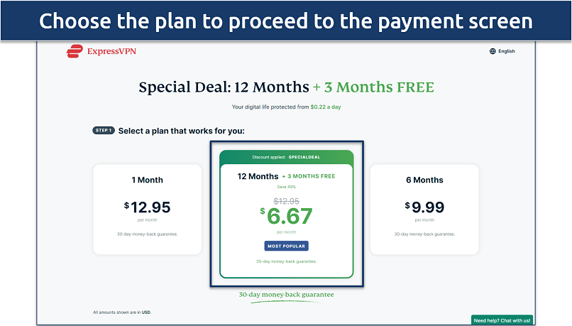 Screenshot of ExpressVPN's subscription plans