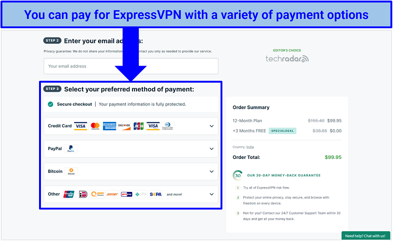 Screenshot of ExpressVPN's payment screen