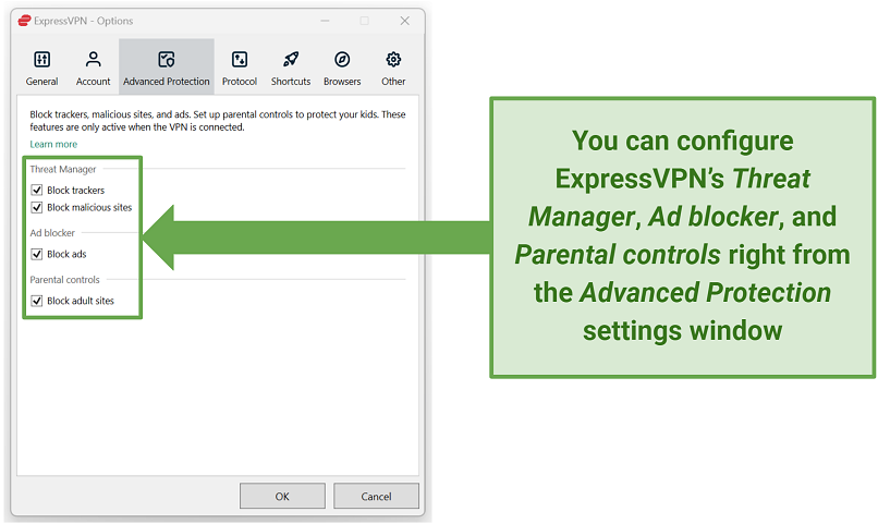 Screenshot of ExpressVPN's advanced protection settings