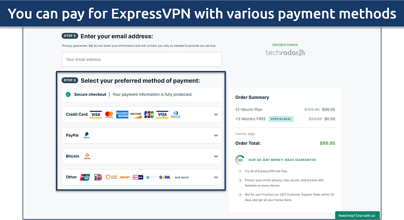 Screenshot of ExpressVPN's checkout screen with the special deal coupon code
