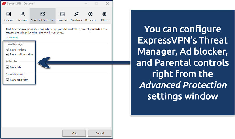 Screenshot of ExpressVPN's Advanced Protection settings