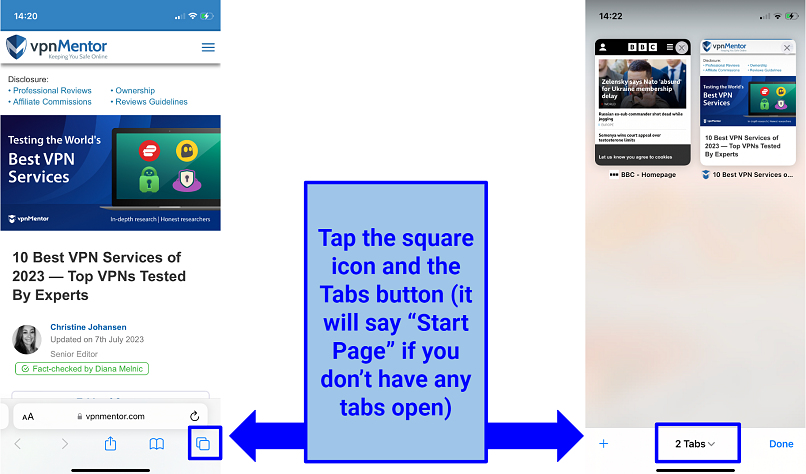 Screenshot of the iOS Safari browser tabs