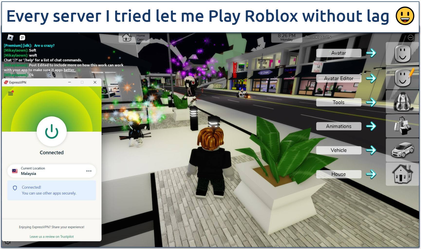 A screenshot of playing Brookhaven on Roblox while connected to ExpressVPN.