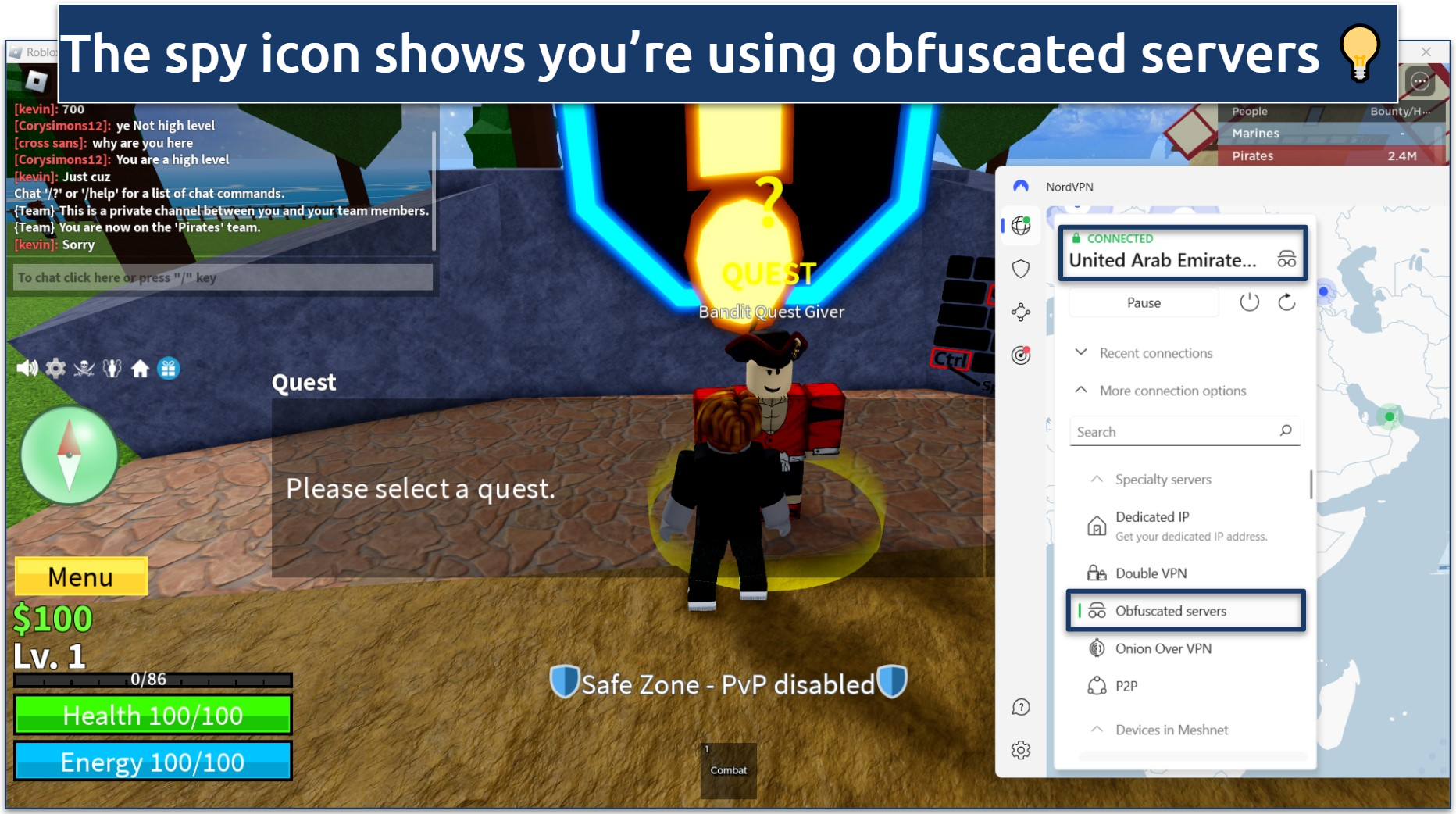 A screenshot of playing Roblox while connected to a NordVPN obfuscated server.