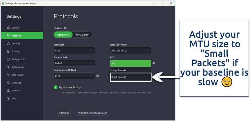A screenshot of PIA’s Protocols settings page with the dropdown menu to change MTU packets size open.