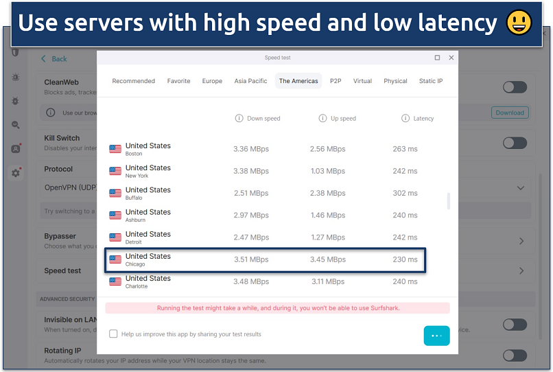 A screenshot of Surfshark’s in-app speed test results for the US region.