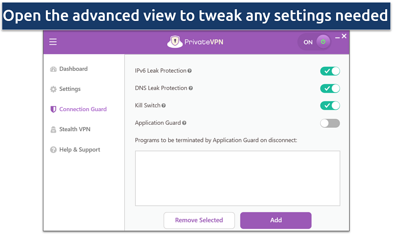 A screenshot of PrivateVPN’s dashboard showing how to access its advanced security features