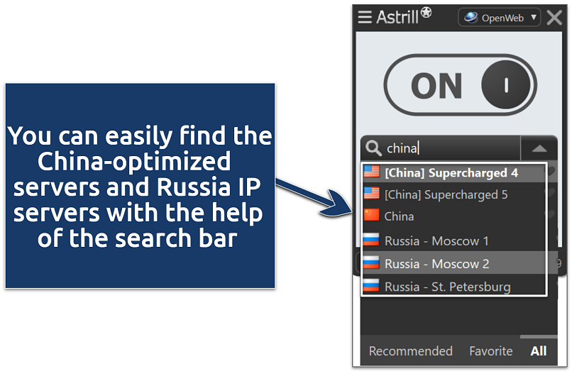 A screenshot of Astrill VPN’s app showing its servers in China and Russia