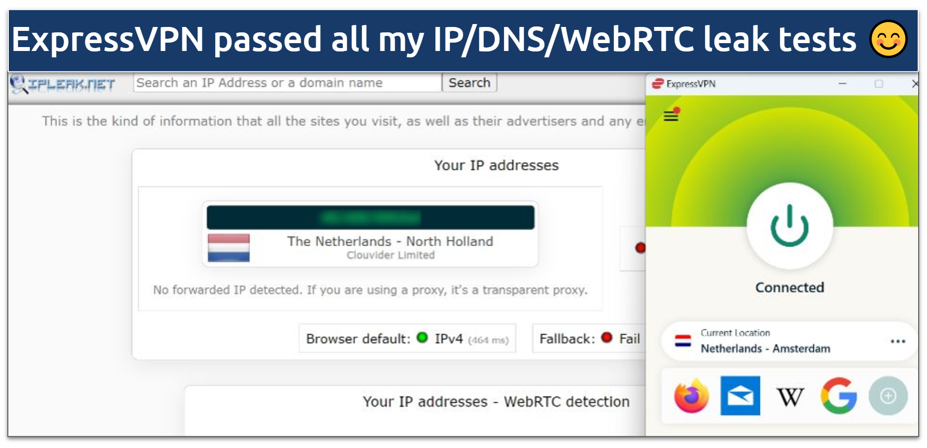 A screenshot of a successful IP/DNS/WebRTC leak test while connected to ExpressVPN's Amsterdam server