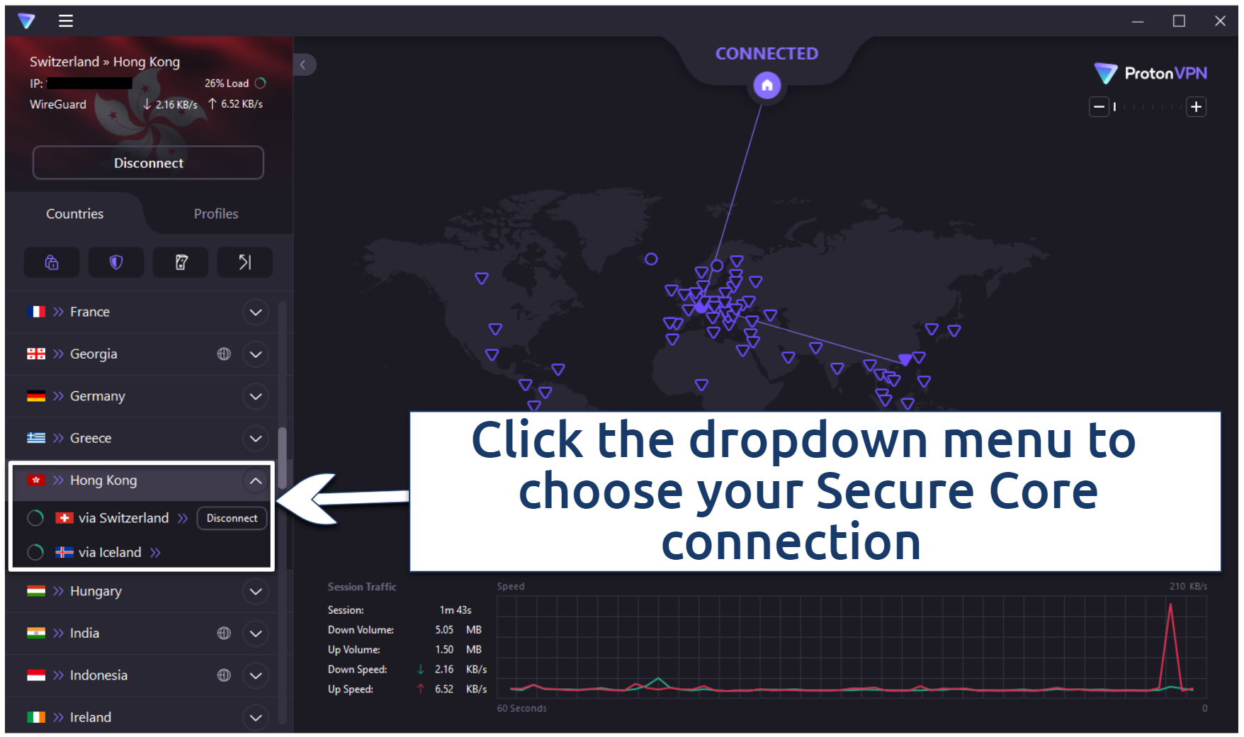 A screenshot of Proton VPN connected to Hong Kong via Switzerland