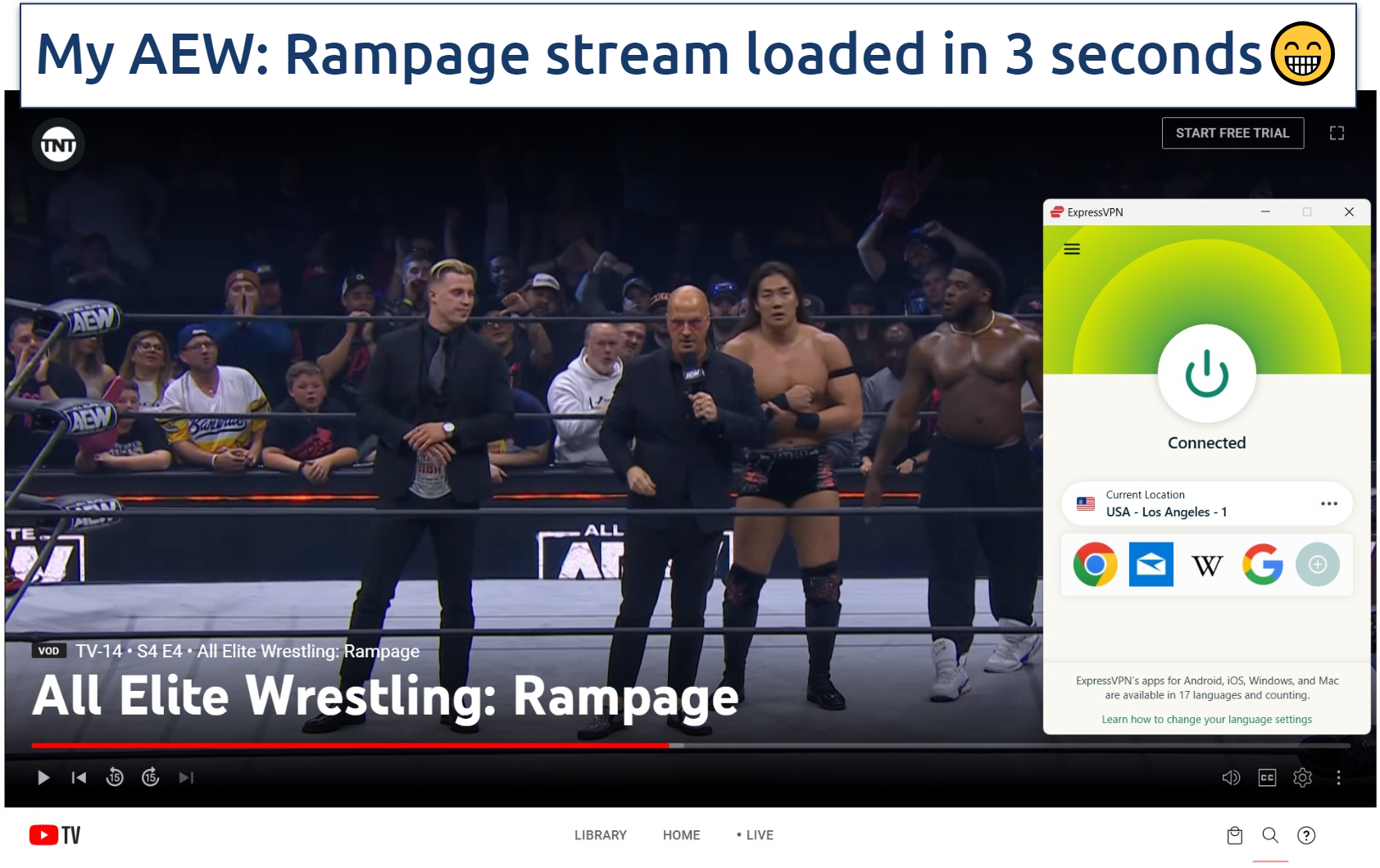 A screenshot of streaming AEW Dynamite while connected to ExpressVPN\\\\\\\\\\\\\\\\\\\\\\\\\\\\\\\'s Los Angeles server.