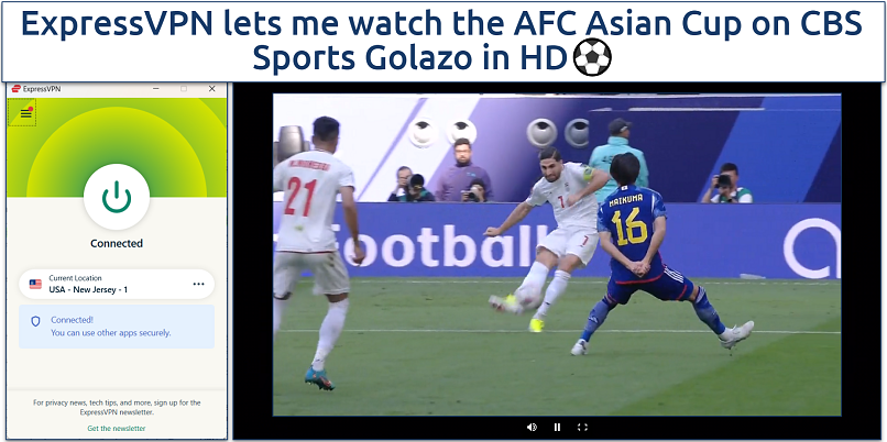 A screenshot showing ExpressVPN connected to a US server that works with CBS Sports