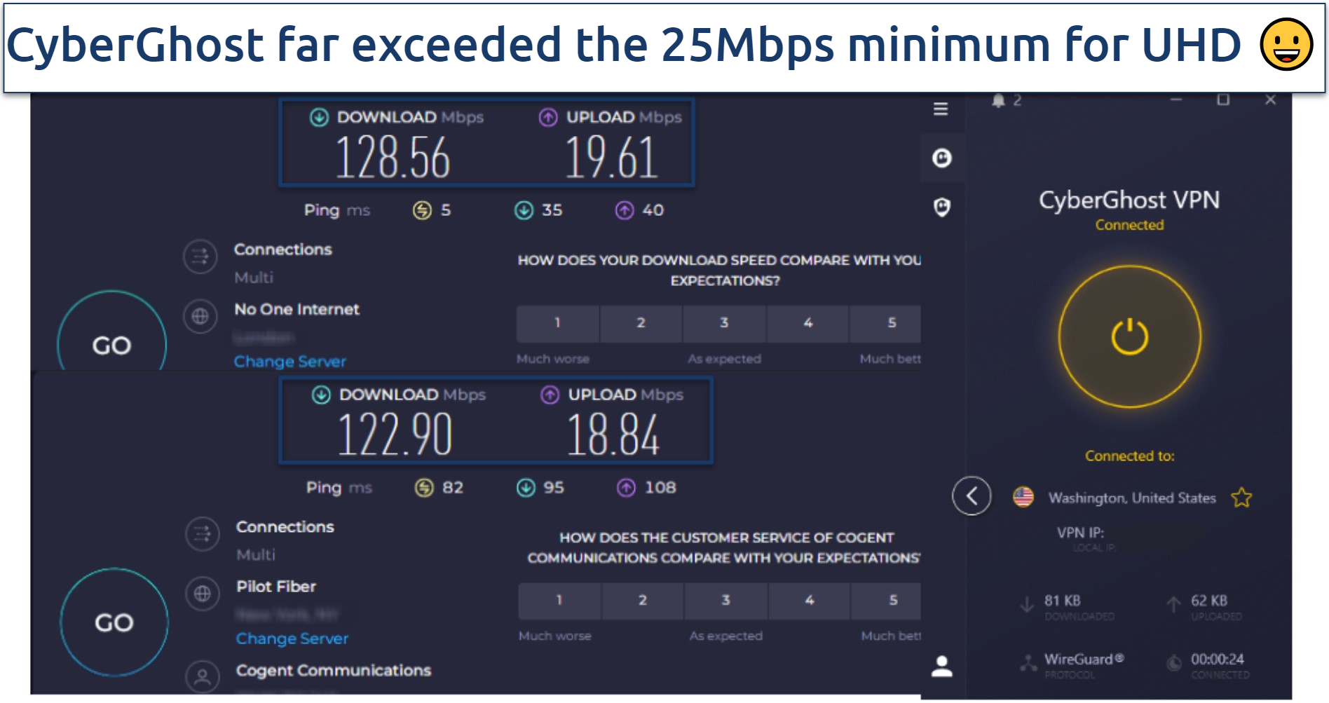Screenshot of speed tests for CyberGhost, one without the VPN connected and another with the VPN connected to a US server in Washington
