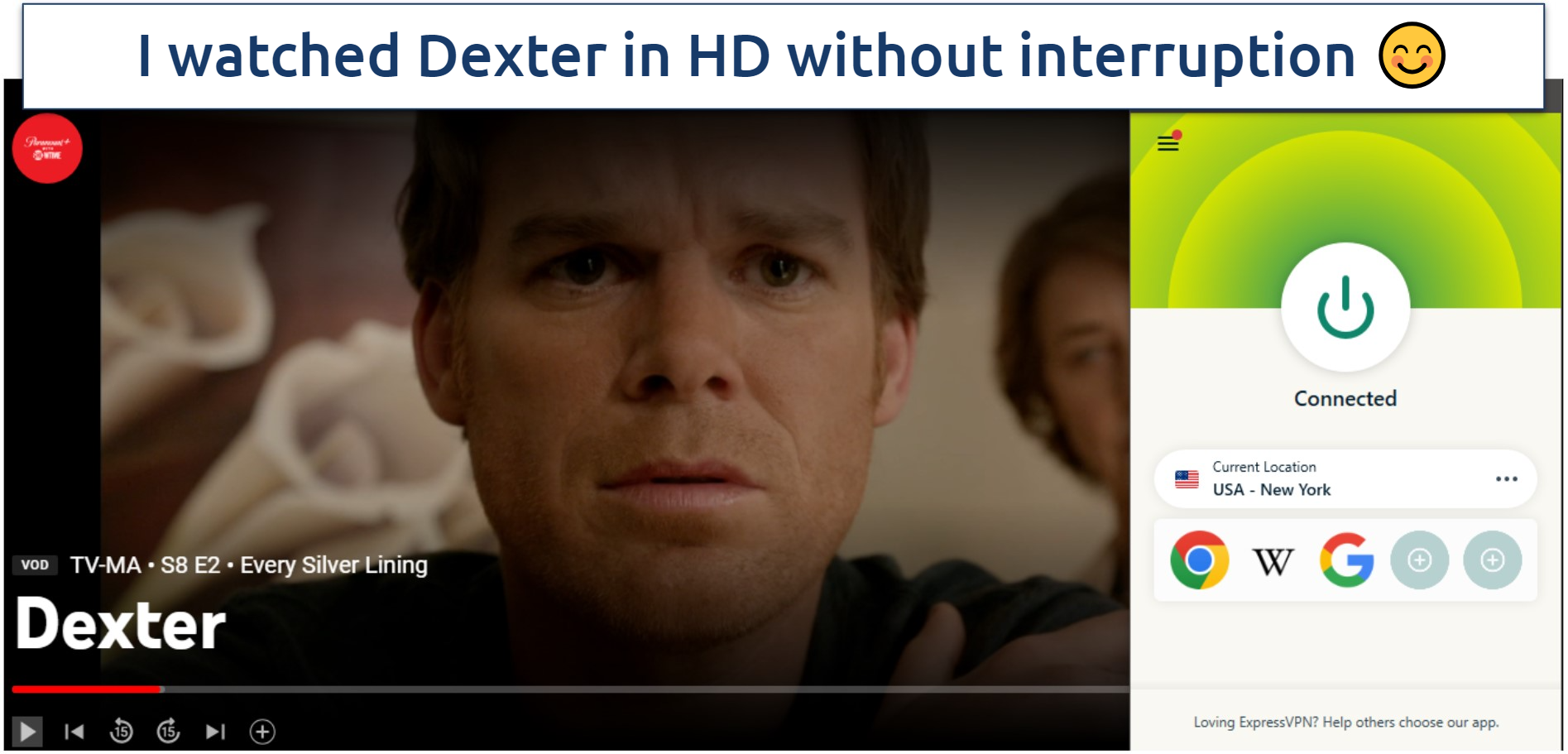 Screenshot of a Dexter episode streaming on YouTube TV, with ExpressVPN connected to a US New York server