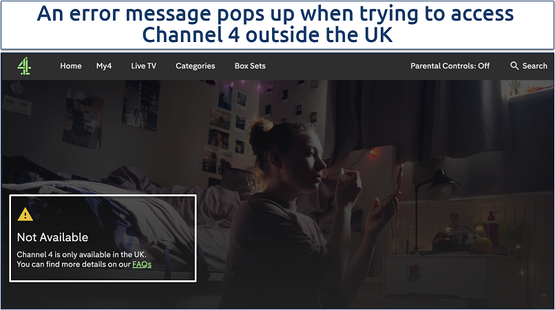 A screenshot of Channel 4 being unavailable outside the UK