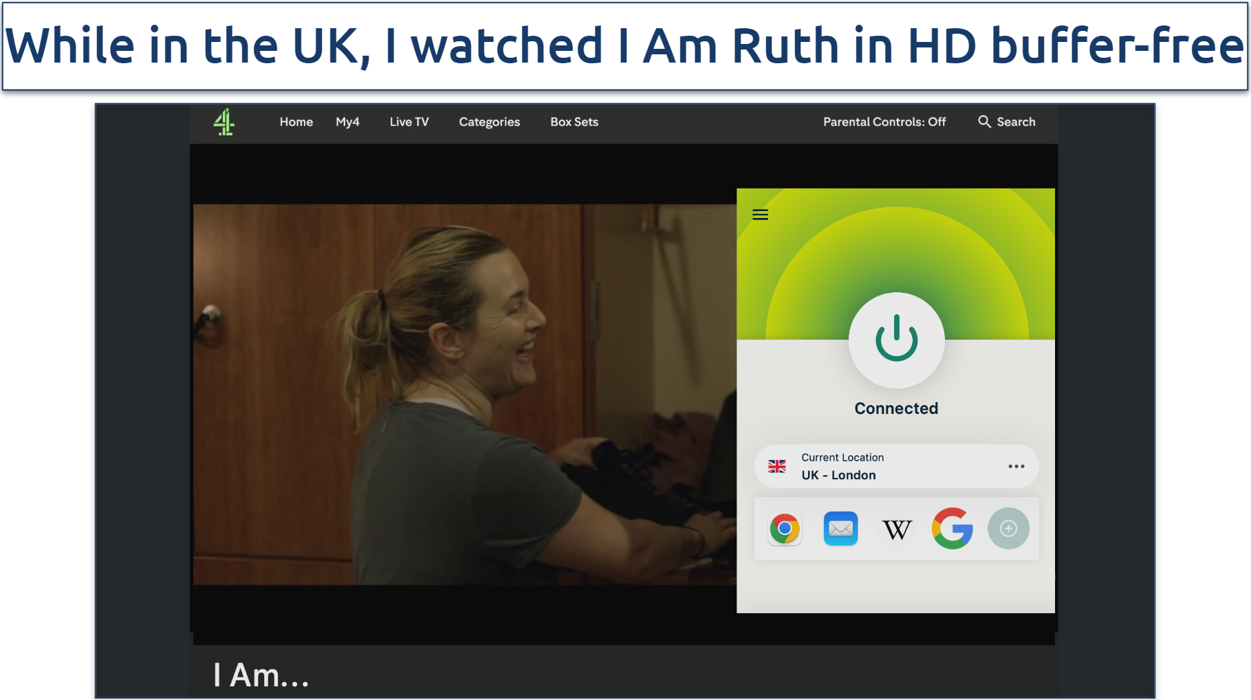 Screenshot of I Am Ruth streaming on Channel 4 with ExpressVPN connected