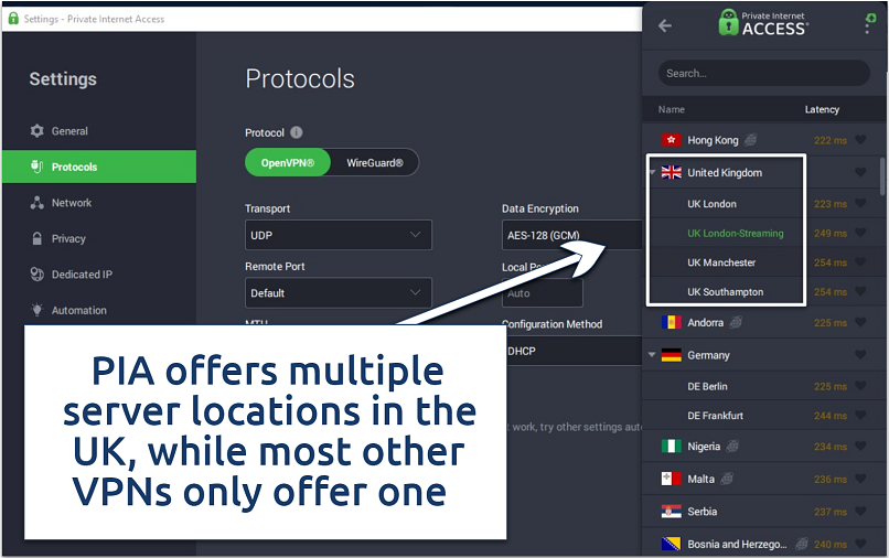 A screenshot of PIA’s user interface